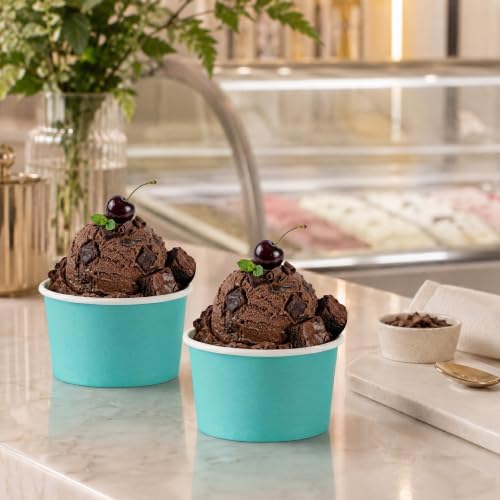 Image of Restaurantware Coppetta 5 Ounce Dessert Cups, 50 Disposable Ice Cream Cups - Lids Sold Separately, Sturdy, Turquoise Paper FroYo Bowls, Striped, For Hot And Cold Foods, Perfect For Gelato