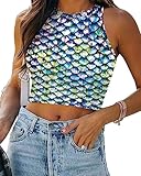 Women's Exposed Navel Crop Tank Tops Mermaid Print Crop Top Fish Scale Sexy Soft Summer Sleeveless Tank Tops