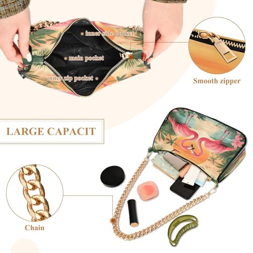 Tropical Two Pink Flamingos Shoulder Handbags for Women Travel Hobo Tote Handbag Women Gold Chain Shoulder Bags Purse with Zipper Closure4