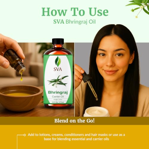 Image of SVA Bhringraj Carrier Oil, Huge Bottle, Large Size, 16 Fl Oz (473 ml) | Bhringraj Oil for Hair Care, Hair Oiling, Scalp Massage, Hair Oil Blends, Body Massage, Skin Care & DIY Beauty Recipes