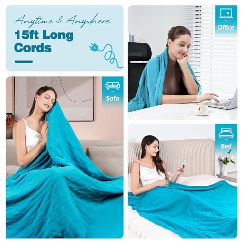 Yokimisu Electric Blanket Twin Size, 84\" x 62\" Lake Blue Polar Fleece Heated Blanket, 6 Heat Settings, 10-Hour Selectable Auto Shut-Off, Fast Heating, ETL and FCC Certification, Machine Washable