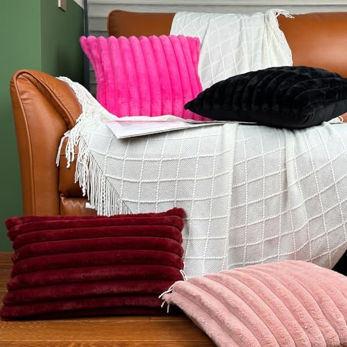 24x24 Pillow Covers, Decorative Faux Fur Throw Pillow Covers for Couch, Sofa Soft Fluffy Pillow Cover with Velvet Back for Living Room, Neutral Home Décor Accent for Bed - Wine Red