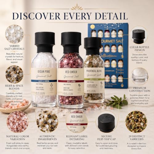 Image of Gourmet Salt Sampler Collection, 20 Premium Cooking & Finishing Seasonings | Includes Truffle, Smoked, Garlic, Merlot & Sriracha Flavors, Vegan, Perfect for Grilling, Roasting, BBQ & Everyday Cooking