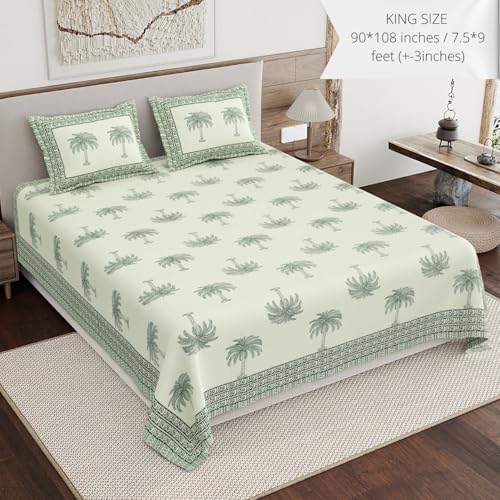 Image of Living Roots Ethnic Jaipur Block Print Double Cotton Bedsheet & 2 Pillow Covers, for Mattress Upto 6 inches Thick, No Colour Bleeding, Green Colour, King Size 90 * 108 inches, 120TC (608-C)