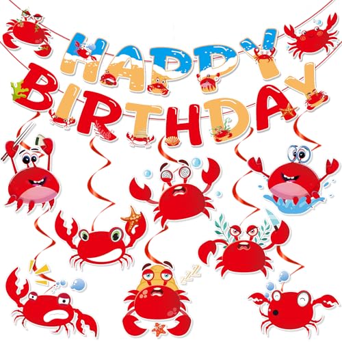 Image of Crab Themed Party Decorations - 10PCS Crab Boil Party Supplies Happy Birthday Banner Hanging Swirls Seafood Boil Birthday Decoration Funny Sea Animals Ocean Baby Shower Decor Supplies