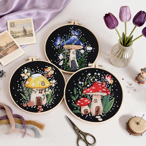 Image of Uniartfy 3 Sets Embroidery Kit for Adults Beginners, Needlepoint Kits Cross Stitch, Hand Embroidery Starter Kit with Mushroom Stamped Patterns, Hoop, Tools, Colorful Threads with Needles, Instructions