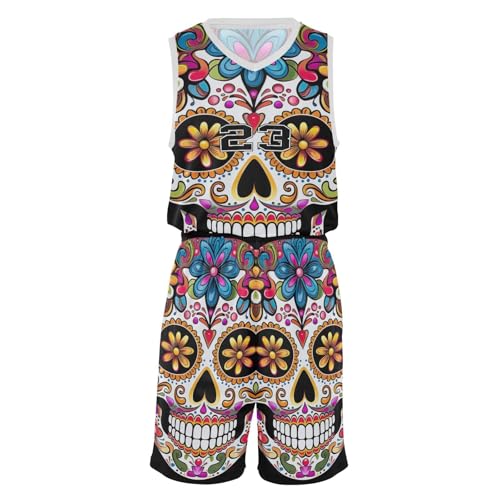 FLildon Mexican Sugar Skull Boys Basketball Jersey Set Tank Top Shorts Tracksuit Sport Training Suit for Kids, XL