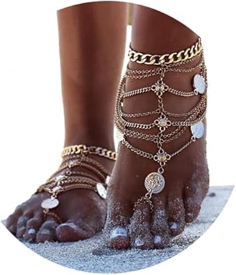 Olbye Silver Barefoot Sandals Foot Chain Jewelry Coin Anklet Bracelet for Women and Girls Beach Wedding Foot Jewelry Pack of 2