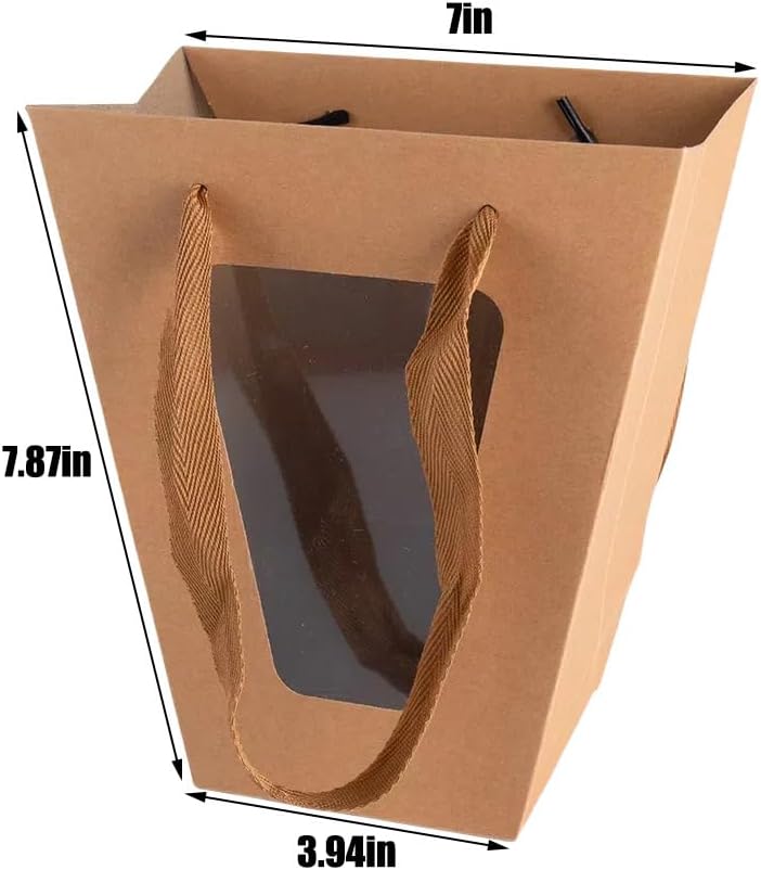 20Packs Brown Flower Gift Bag with Clear Window, Bouquet Bags with Handle, Party Favor Bags for Mother's Day Wedding Party Birthday