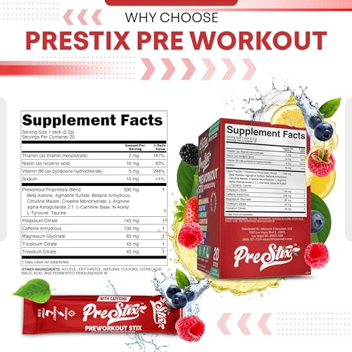 Image of Clean Nutraceuticals Pre Workout Powder Energy Sticks - Caffeine 100mg, Energy Drink Mix, Creatine Monohydrate, Beta Alanine, L-Citrulline, L-Tyrosine, L-Carnitine, Electrolyte Hydration Packets 20 Ct