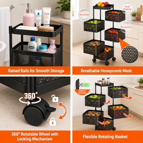 Image of Homeor 5 Layer Kitchen Trolley with Wheels | 360 Rotating Metal Storage Rack for Vegetables, Fruits, Onion & Spices | Square Multipurpose Kitchen Organizer Stand | Metal Kitchen Trolley, Matte Black