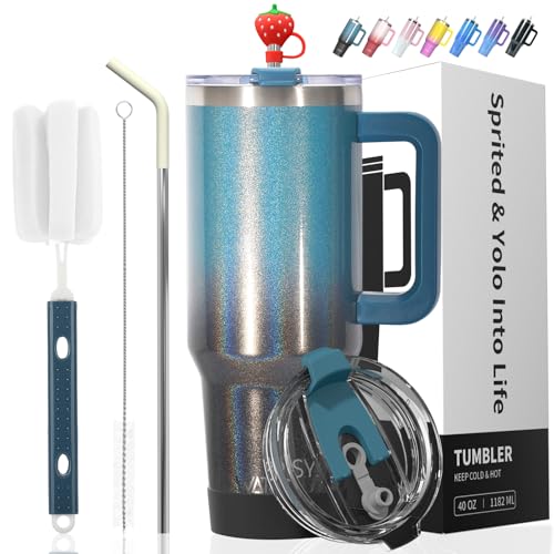 Image of 30 oz Shiny Tumbler with Handle and Straw,Stainless Steel Tumbler with Lid and Straw,Insulated Travel Mug(Cold for 34 Hours),Water Bottle for Iced Tea,Coffee (Black Blue)