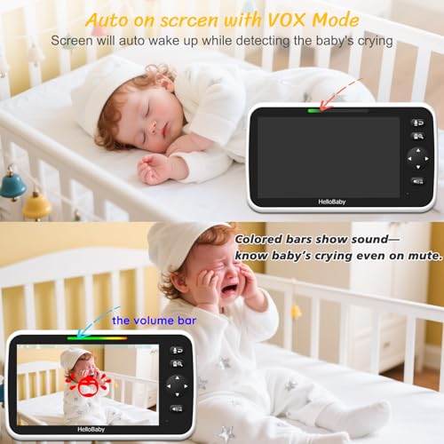 Image of HelloBaby 6 inch Split Screen No WiFi Baby Monitor 2 Cameras & Audio, 30H ECO | Private No-WiFi, 2-Room Monitoring, Night Vision, Easy Setup, 1000ft, PTZ, VOX, ECO, 2-Way Talk, Time, Parents & Caregivers