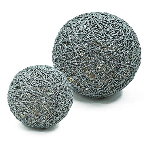 Preisvergleich Produktbild Bambelaa! LED Ball 2er Set Weihnachtsdeko Silber Beleuchtet Kugeln Weihnachten Dekoration Leuchtkugel Deko Licht 15-20cm