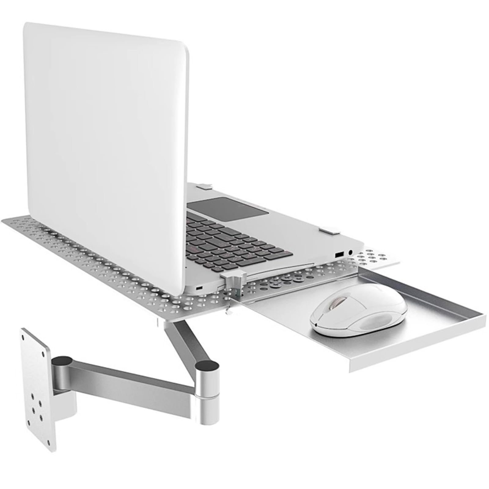 Supporto da parete regolabile per computer portatile con vassoio articolato e piattaforma di raffreddamento per postazioni di lavoro da ufficio