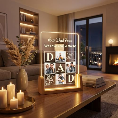 Image of Giftplease Personalized Rectangular Acrylic Wood Photo Frame | Warm LED Light Base Custom 4 Picture Alphabet Block Night Decor for Father Papa Husband | Fathers Day Best Dad Birthday Tabletop