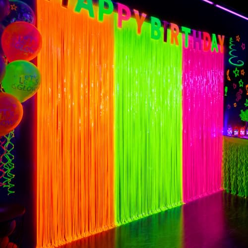 Image of 3 Pack Glow in the Dark Party Supplies, Foil Fringe Curtains, 9.9 x 6.6 ft | Neon party decorations and glow party backdrop for blacklight birthday parties, photo booths, graduations and dance parties
