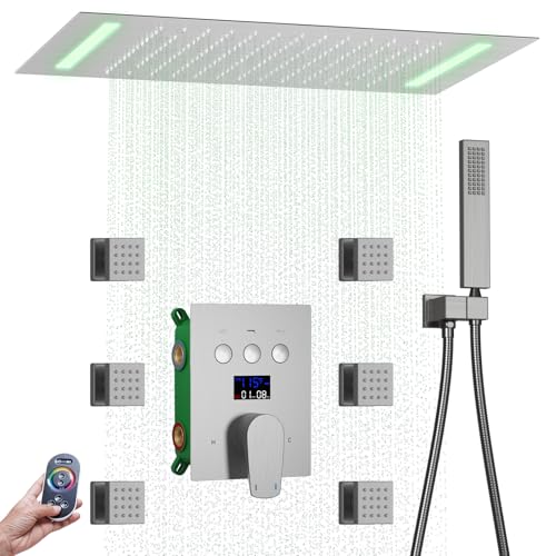 Sistema de ducha para baño con rociador de techo 14x20 pulgadas, con mango, 6 jets corporales y ducha manual, grifería con pantalla de temperatura (acabado níquel cepillado) miniatura 1