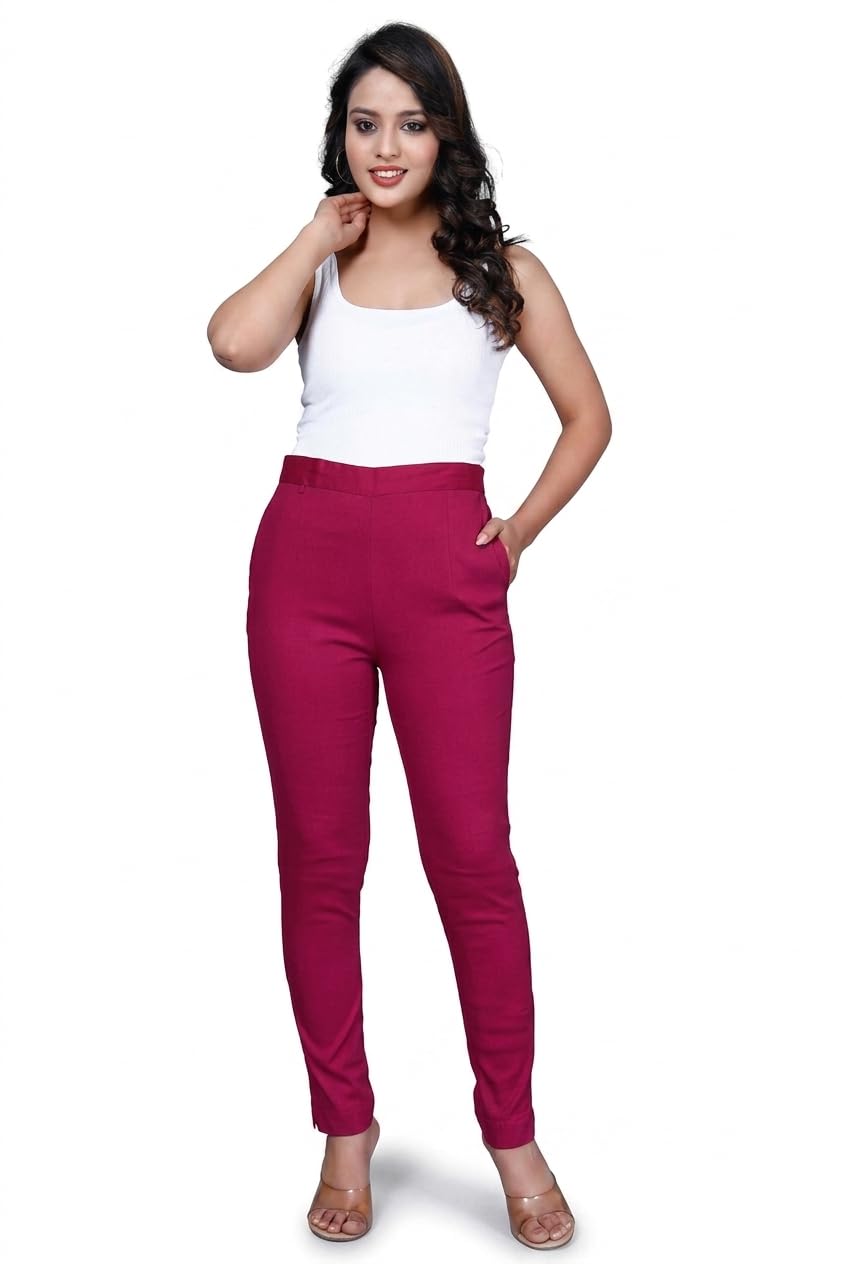 Women’s Stretchable Cotton Trouser Pant | Slim Fit Office Wear Casual Pants for Women & Girls | Solid Magenta Rani Bottomwear-picture-37