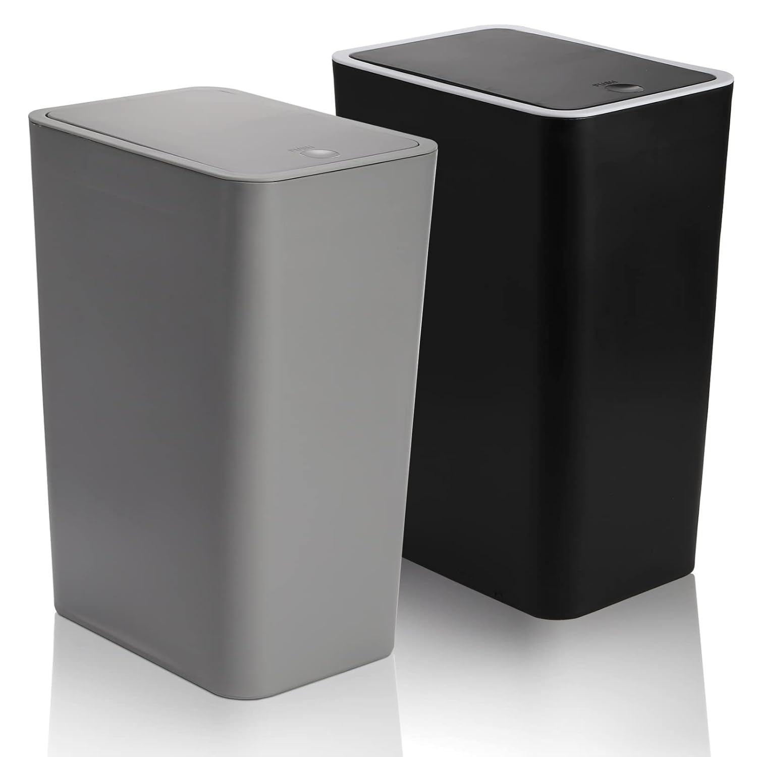 Fasmov Trash Can, 2 Pack 15 Liter / 4 Gallon Plastic Garbage Container Bin with Press Top Lid, Waste Basket for Kitchen, Bathroom, Living Room, Office, Narrow Place (Gray + Black)