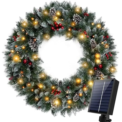 KPCB Tech Solar Wreath with 250 LED Lights, 48 inch Large Christmas Wreath with Solar Lights 8 Mode, Outdoor Lighted Christmas Wreath for Home Wall Decor Party Decorations Cover