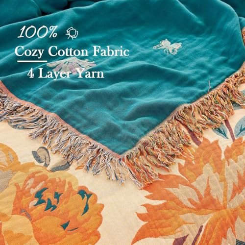 Image of XIBLC Boho Throw Blanket for Bed, 100% Cotton Soft Rustic Quilt Fall Blanket, 60 inchx80 inch Floral Printed Farmhouse Decor Bed Blankets, All Season Rustic Reversible Bohemian Throw Quilt