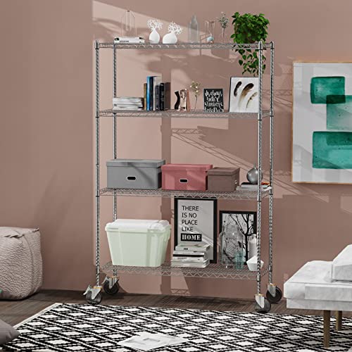 Raynesys Wire Shelving With 4" Wheels, 2400Lbs Heavy Duty 4-Tier Shelving Metal Shelves, 48X18X72In Steel Wire Storage Shelf Commercial Grade Adjustable Utility Rack For Garage, Kitchen, Chrome #TOP6