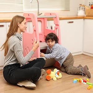 Sdadi toddler kitchen stool helper plastic step stool for kids with 3 adjustable height dual safety rails and non slip feet pads pink  urban country home decor