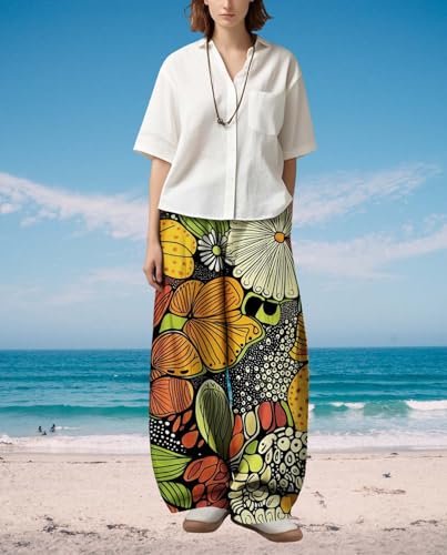 Womens Boho Floral Printed Pants Elastic Waist Wide Leg Casual Trousers Loose Fit Pant with Pockets for 2025 Summer3