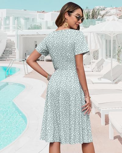 Image of WNEEDU Women V Neck Button Down Empire Waist Midi Summer Dress with Pockets