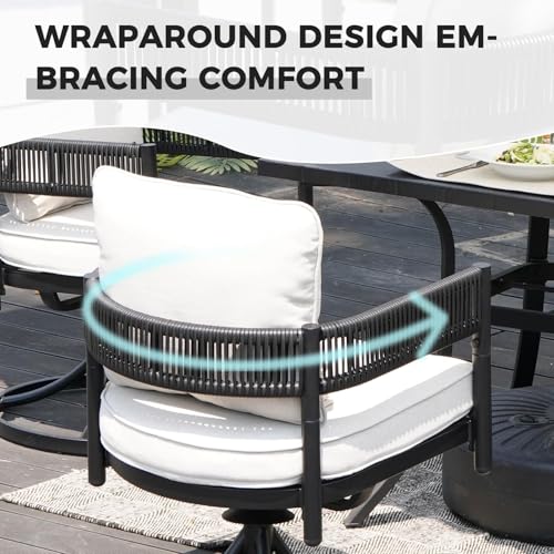 Image of Grand patio 7 PCS Outdoor Dining Set, Patio Table and Chairs Set for 6, Metal Woven Wicker Swivel Patio Chairs with Thickened Cushions & 1 Rectangular Woodgrain Dining Table with Umbrella Hole (Black)
