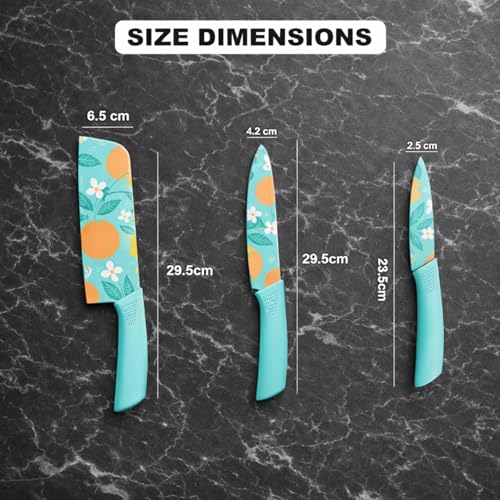 Image of Amorston 4-Piece Black Kitchen Knife Set with 3 Ceramic Coated Knives & 3-Stage Knife Sharpener | Non-Stick Stainless Steel Blades | Ergonomic Handle | Multipurpose Cooking Knife Set (Blue)