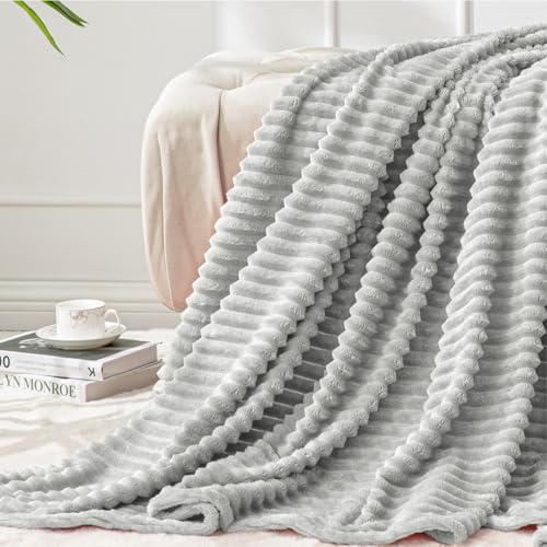 Image of BEDELITE Fleece Throw Blanket for Couch - 3D Ribbed Jacquard Soft and Warm Decorative Fuzzy Blanket - Cozy, Fluffy, Plush Lightweight Light Grey Throw Blankets for Bed, Sofa, 50x60 inches