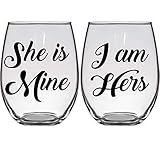 She is Mine, I Am Hers - Lesbian Engagement, Wedding, Anniversary Gift - Set of Two (2) Premium 21oz Stemless Wine Glasses