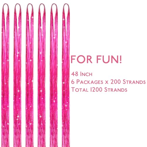 Image of WENNALIFE Hair Tinsel for Girls, Rose Red Fairy Kit 1200 Strands 6PCS 48 Inch Heat Resistant Glitter Tinsel Hair Extensions Kit Christmas Feathers Sparkle Strands
