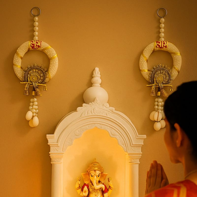 Image of Shubh Labh Door Hangings (1 Pair) - Golden Side Toran for Door Entrance, Home Mandir, Diwali Decoration, Shoon /Soohn /Shun Tags for Auspicious Festive Decor