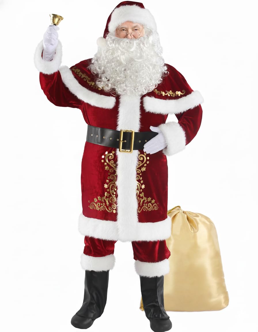 Santa Claus Costume for Men Santa Suit Adults 12pcs Mens Deluxe Professional Christmas Clause Outfit Xmas Suits Adult