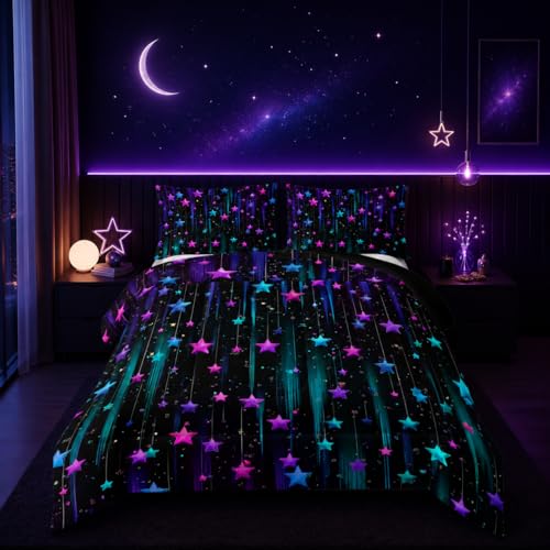 Image of Nttopship Colorful Stars Comforter Set Twin Size,Galaxy Starry Printed Bedding Set for Men Women Adults,Colorful Stars Room Decor with Soft and Lightweight Comforter and 2 Pillowcases