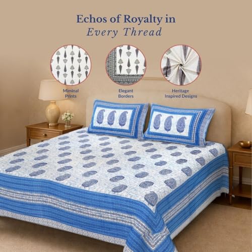 Image of Jaipur Weaves Jaipuri Double Bed Cotton Bedsheet Queen Size 90x85, 120 TC 100% Pure Cotton Bed Sheet with 2 Pillow Covers, Floral Traditional Print (Blue Paisley, Double)