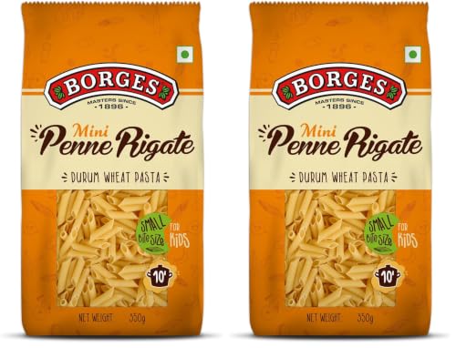 Image of Borges Mini Penne Rigate Durum Wheat Pasta, Ideal Bite Size for Kids, Cooked in 10 minutes, 100% Durum Wheat Semolina - 350grams (Pack of 2)