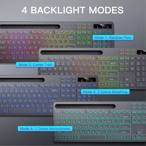 Image of Soueto Wireless Keyboard with 7-Color RGB Backlit, Full-Size Computer Keyboard with Phone Tablet Holder, 2.4G Rechargeable Gaming Keyboard with Light Up Keys, Compatible with Mac, Windows (Grey)
