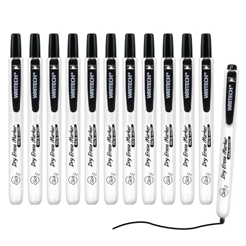 Image of WRITECH Retractable Dry Erase Markers: Fine Point Clickable Black Colored Ink Marker Low Odor Erasable Thin Tip Refillable Whiteboard Marker Pen Set 12ct No Bleed Smear