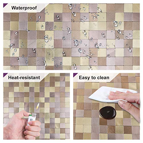 HomeyMosaic Peel and Stick Tile Backsplash for Kitchen,12"x12" Aluminum Surface 3D Wall Sticker Plaid(5 Sheets,Gradient Champagne Gold) - Thumbnail 2
