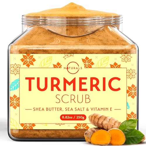 Image of O Naturals Exfoliating Scrub, Natural Dead Sea Salt Deep-Cleansing Face & Body Scrubs. Anti-Cellulite Tones Helps Oily Skin, Acne, Ingrown Hairs & Dead Skin Remover - Turmeric and Shea Butter 8.82oz