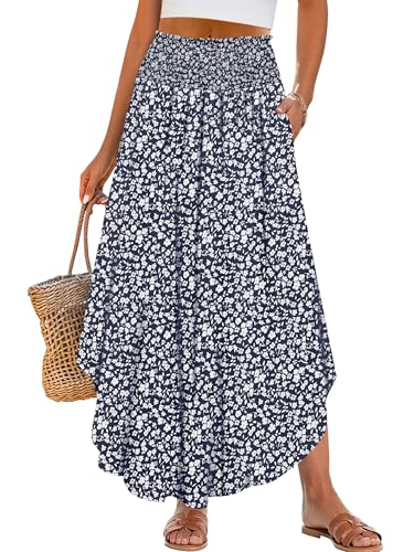 Image of ANRABESS Women's Maxi Skirts Summer Boho Floral High Waisted Flowy Swing Pleated Beach Long Skirt with Pockets