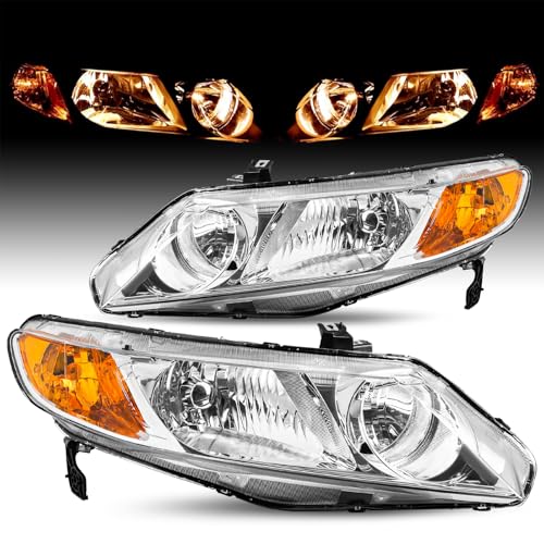 JSBOYAT Headlight Assembly Pair Replacement for 2006-2011 Honda Civic Sedan 4-Door Halogen Headlamp Chrome Housing Amber Reflector (Passenger & Driver Side)