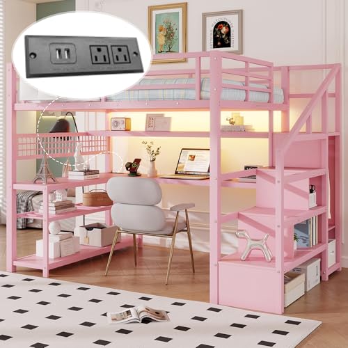 KEIKI Full Size Loft Bed with Storage Shelves & Wardrobe, Heavy Duty Tall Loft Beds Frame, Metal Loft Bed with Staircase, Desk, Lights and Charge Station, No Box Spring Required, Easy Assembly, Pink by KEIKI - Used condition - Image 5