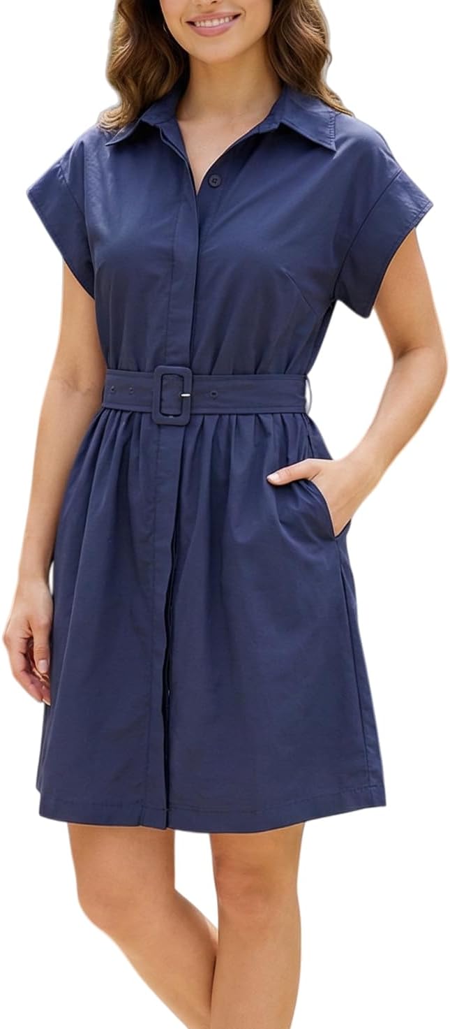 Women's Casual Short Sleeve Mini Button Down Dress with Pockets