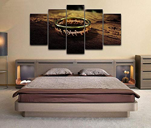 YOPLLL Tableau Multi Panneau 5 Parties Decoration Murale Tableau Imprimé 150X80Cm 5 Pieces Toile Tableau Tableaux Decor Murale Salon Moderne XXL Carte De Bague Seigneur des Anneaux Poster(Encadré)
