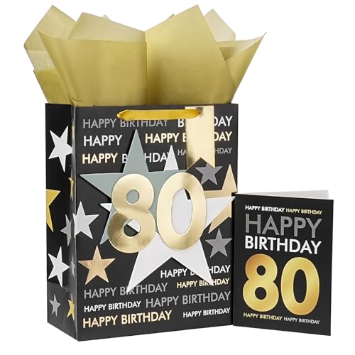 Image of Loveinside 80th Birthday Gift Bag for Men, Black and Gold Number 80 inch Design with Tissue Paper and Greeting Card for Birthday Party Celebration - 10 inch x 5 inch x 13 inch, 1 Pcs, Black Gold